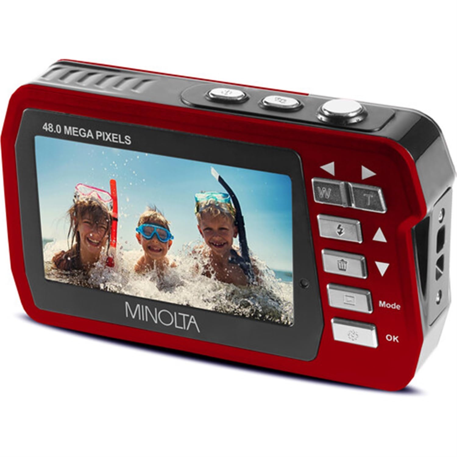 Minolta MN40WP 48MP Waterproof Digital Camera – Dual LCD Screens, 2.7K QHD Video, 16x Digital Zoom, Anti-Shake, Face Detection, 10ft Waterproof (Red)