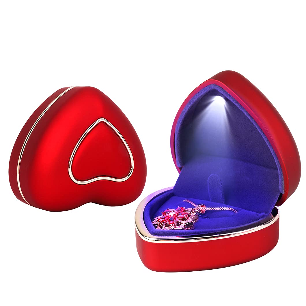 Rolin Roly Pendant Box with LED Light Red Heart Shape Velvet Box Storage Jewelry Boxes Display Necklace Gift Case for Organizer Engagement Anniversaries Weddings