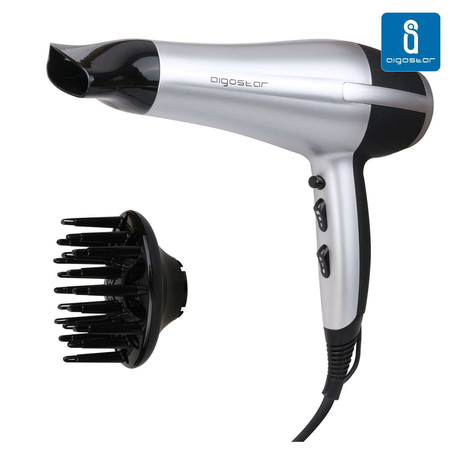 Aigostar Daphne GPO Secador profesional de pelo color plateado y negro con difusor y accesorios. watios. Diseño exclusivo de Aigostar.