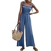 LUXVEER Women's Smocked Jumpsuits Casual Loose Sleeveless Wide Leg Long Pant Rompers Dressy One Piece Beach Vacation Outfits