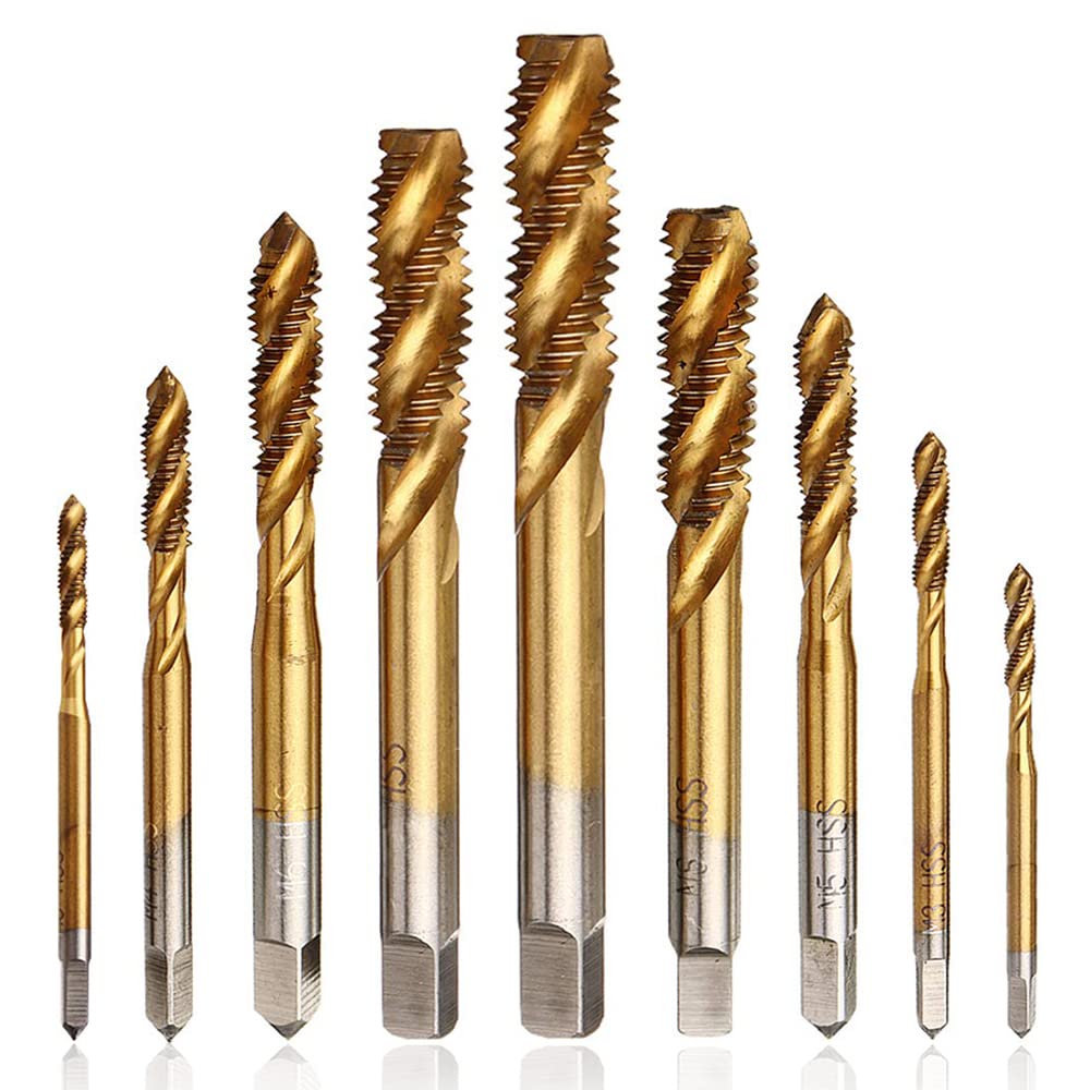 Mesee 9 Pieces Spiral Flute Tap Set, Titanium Coated HSS Metric Thread Machine Taps Drill Bits Screw Thread Tapping Tool - M2 M2.5 M3 M4 M5 M6 M8 M10 M12