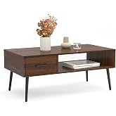 HAIOOU Mid Century Modern Coffee Table with Storage for Living Room -Walnut | Wooden Tea Table with Drawer,MCM Desk with Open Storage Shelf, Floor-Anti-Scratching Pine Leg for Home,Office -Dark Brown