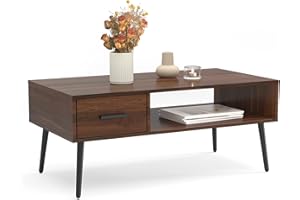 HAIOOU Coffee Table, Mid Century Modern Center Table for Living Room with Storage, Walnut Tea Table with Drawer, Open Storage Shelf, Floor-Anti-Scratching Pine Leg for Home, Office(Dark Brown)
