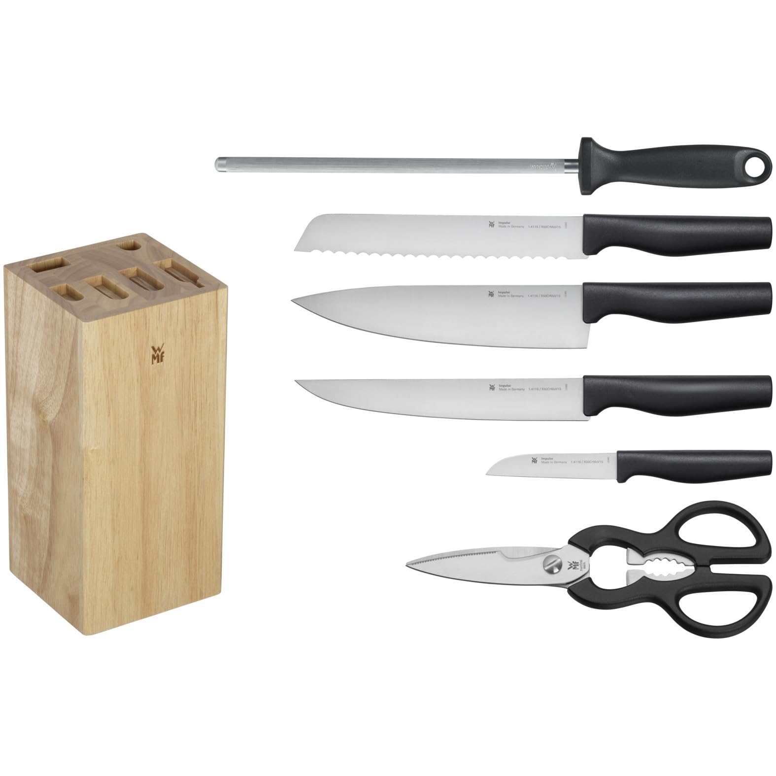 WMF Impulse Messerblock mit Messerset 7teilig, Made in Germany, 4 Messer, Küchenschere, Wetzstahl, Gummibaumholz, platzsparende Aufbewahrung, exzellente Schärfe, perfekte Ergonomie 2