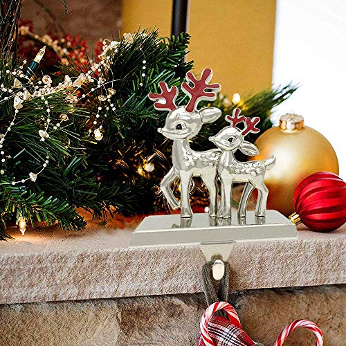 Fowecelt 3D Reindeer Christmas Stocking Hanger Silver Metal Mantle Stocking Holders for Christmas Decorations