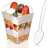 Hiasobre 150 Pcs 5 oz Plastic Dessert Cups with Lids and Spoons, Serves 50 | Clear Reusable Square Mini Parfait Appetizer Cups, Trifle Shooter Serving Cups, Party Dessert Shot Glasses for Tasting