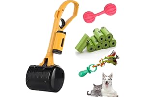 SESAWILLIAM Pooper Scooper for Large Medium & Small Dogs Heavy Duty, 14.18“Long Handled Dog Poop Scooper for Grass,Durable Dog Poop Pick Up Tool, Poop Grabber with 7 Dog Poop Bags 1 Dispenser Poop Scoop，2Pet toys