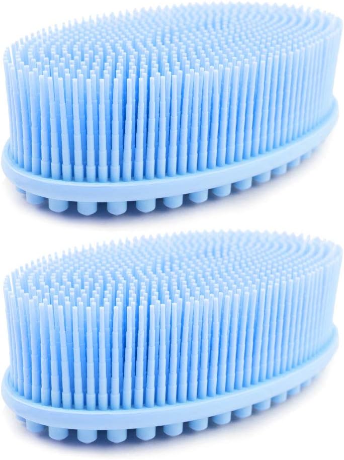 (2 pack blue) Avilana Loofah Exfoliating Body Scrubber 2 in 1 Face And Body Silicone Scrubber - Antibacterial Silicone Shower Brush Bath Sponge Loofa