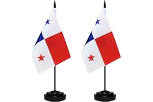 BCLIN Panama Desk Flag Set, 2 Pack Panamanian Table Office Flags, Small Mini Desktop Flag With 12" Solid Black Pole, Black Base, Miniature Desktop Flag