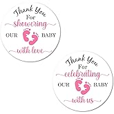 40 Thank You for Showering Our Baby with Love Stickers, 2 Inch Big Round Glossy Labels, Pink Footprints Theme for Girl, Great for Party Favors, Tags, Games and Supplies. Made in USA
