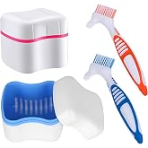 Denture Cleaner Box and Brush Set - 2 Pack Denture Bath Case with Basket + 2 Pack Denture Brush, Portable Denture Retainer Storage Box, False Teeth Brushes for Oral Care (Blue and Red)