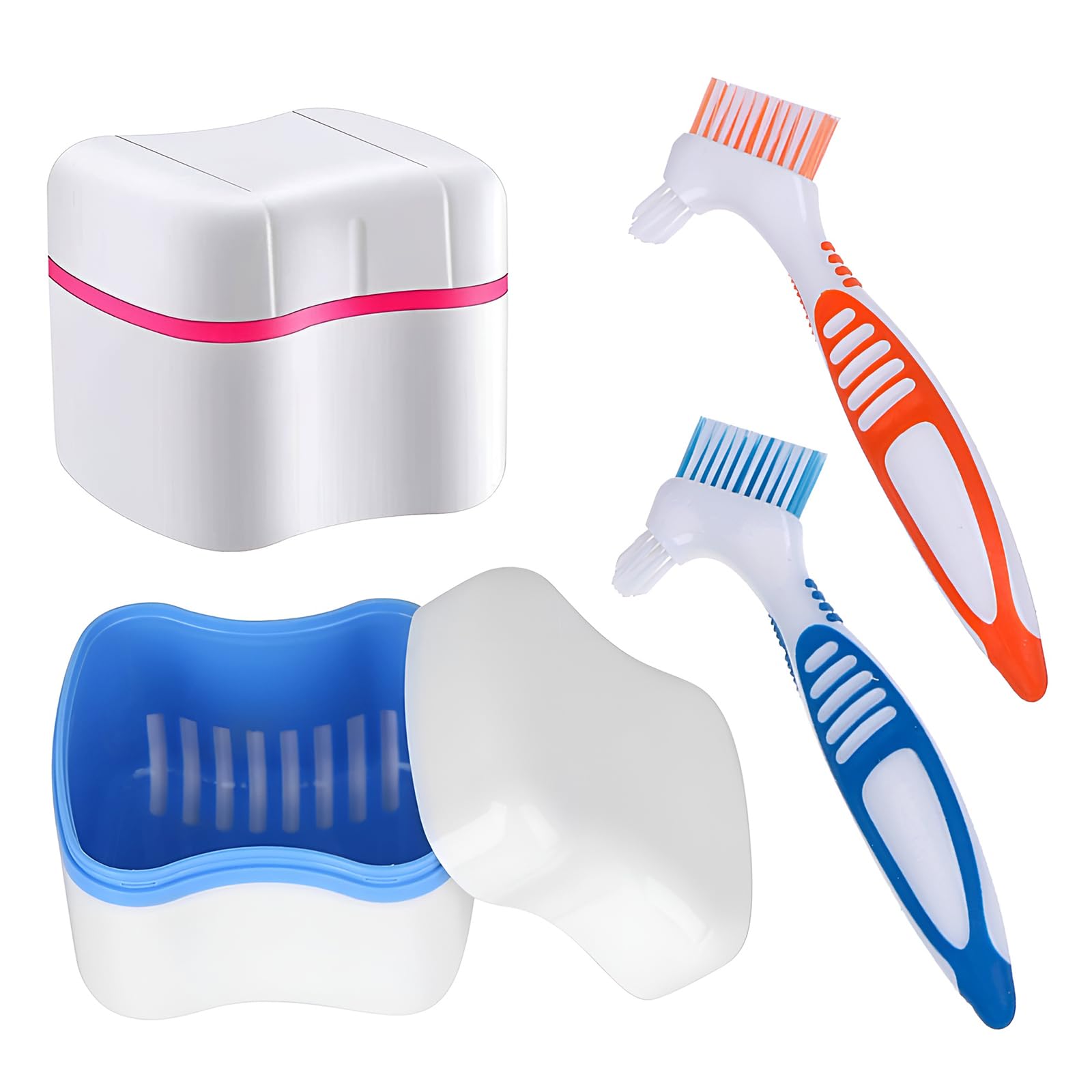 Denture Cleaner Box and Brush Set - 2 Pack Denture Bath Case with Basket + 2 Pack Denture Brush, Portable Denture Retainer Storage Box, Premium Hygiene False Teeth Brushes for Oral Care