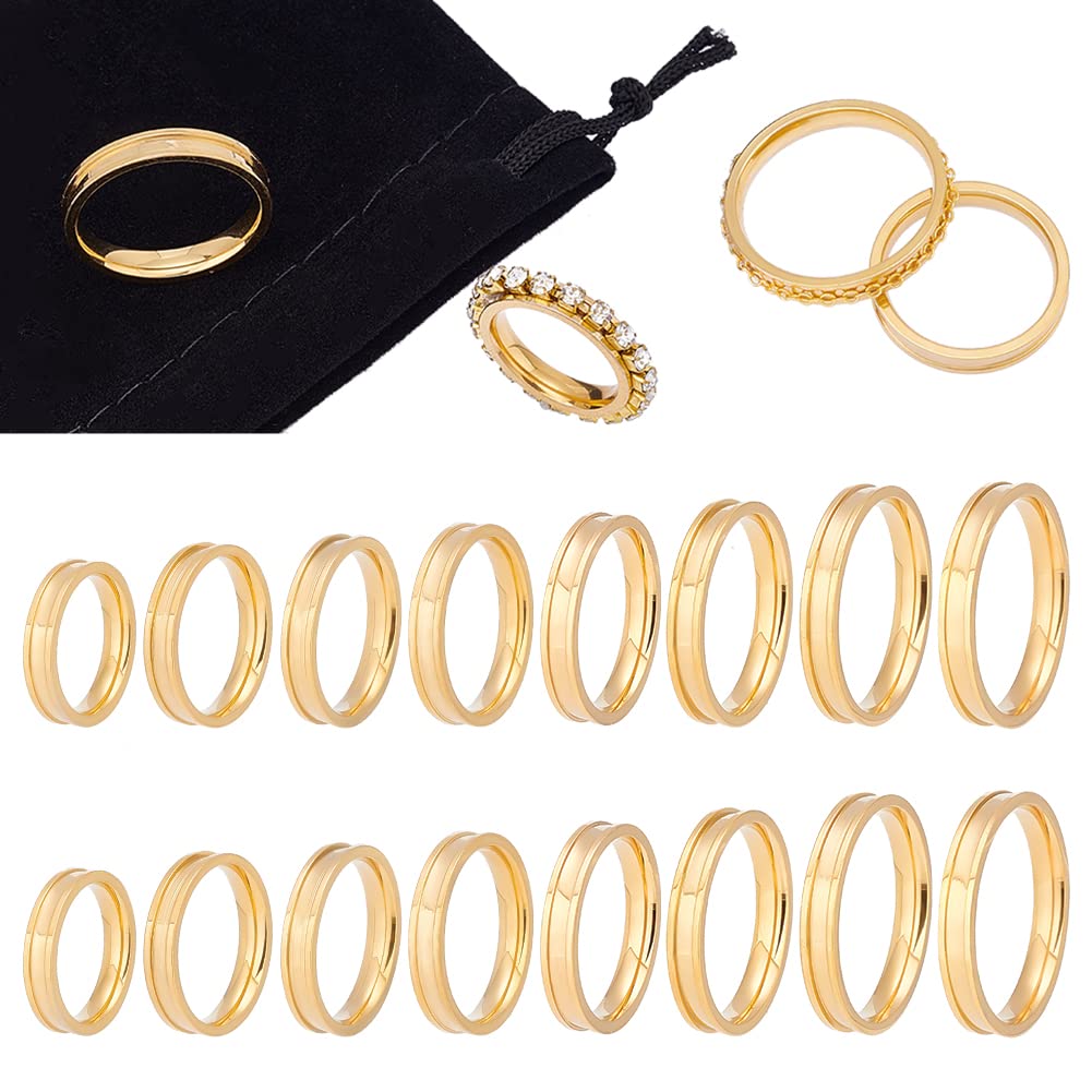 UNICRAFTALE about 16pcs Size 6-13 Golden Blank Core Rings Stainless Steel Grooved Rings with Velvet Pouches Round Empty Ring for Inlay Ring Jewelry Band Making and Gift — image 1