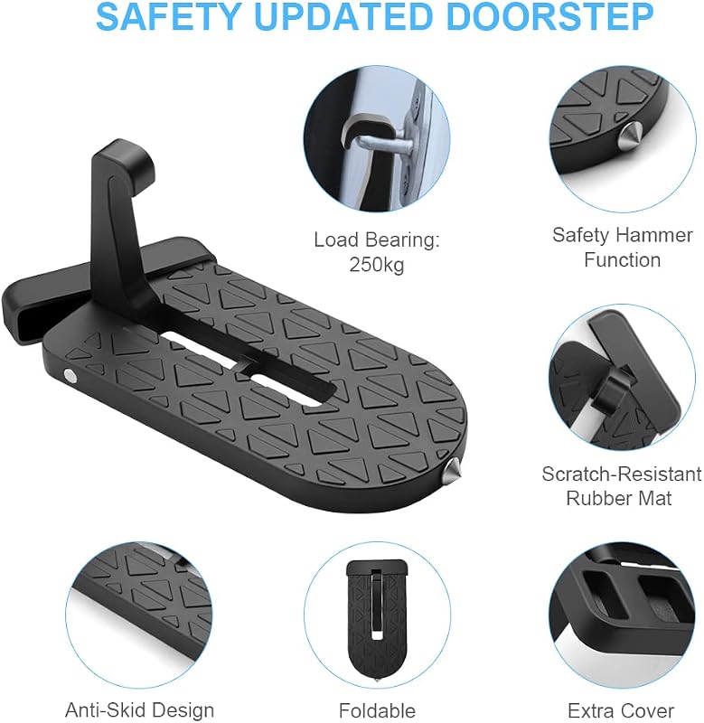 Klappbarer Auto Türpedal, Türstufe Trittbretter mit U Haken Verriegelung, Fußrasten Fahrzeug mit Sicherheitshammer und 4 Kunststoff Haken, Autotürstufe zum Autodach für SUV/RV, Schwarz