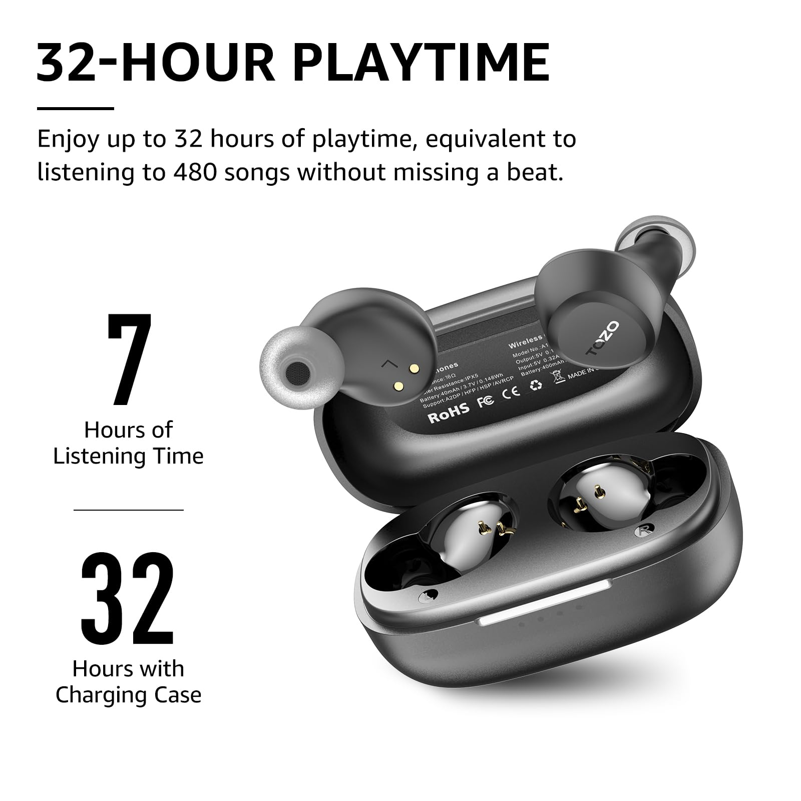 TOZO A1 Wireless Earbuds Bluetooth 5.3 Light Weight in Ear IPX5 Waterproof Headphones 2 Mic for AI Calls, Immersive Premium Sound Bass Headset with Charging Case, 32 Presets EQ Customization via App - Image 6