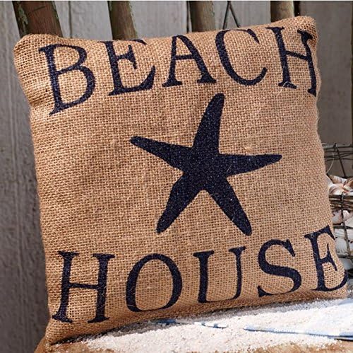 Beach House with Starfish - Burlap Accent Pillow - 8-in x 8-in