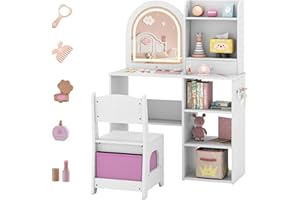 Costzon Kids Vanity with Lights, Girls Vanity Set with Mirror, Storage Drawer, Hooks & Shelves, Toddler Makeup Vanity Desk Dr