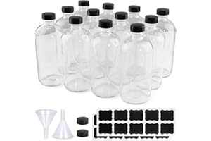 PINIWON 12 Pack 16 oz Clear Glass Bottles, Boston Round Sample Bottles with Black Poly Cone Caps, Labels and Funnels