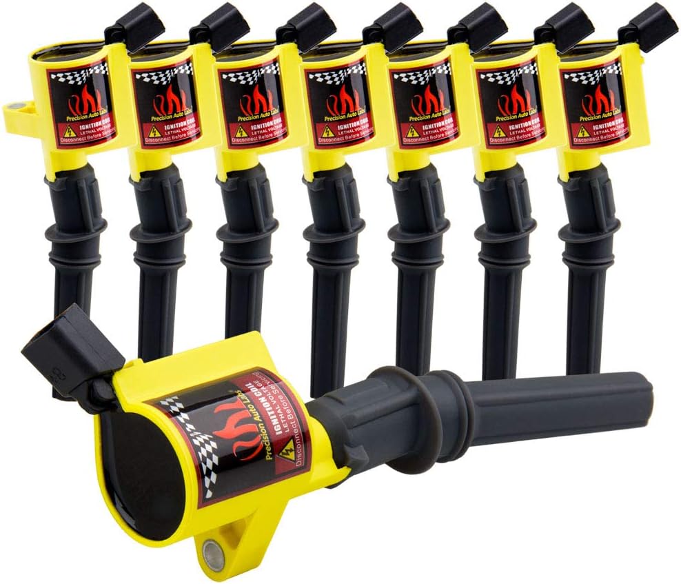 DG508 Ignition Coils Curved Boot Compatible With Ford F150 E150 Explorer Crown Victoria, Town Car, Grand Marquis 4.6l 5.4l 6.8l V8 V10, 8 Pack, Yellow