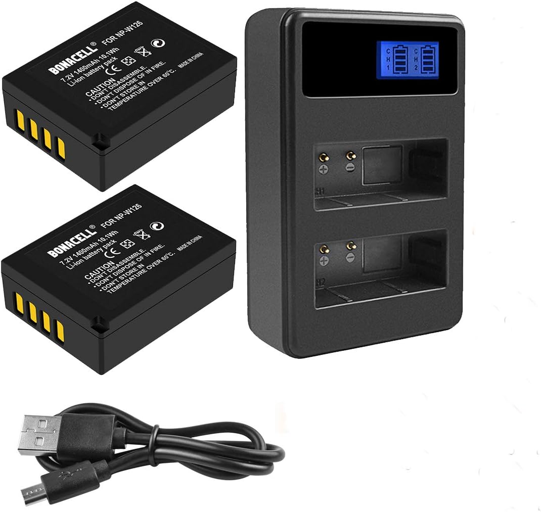 Bonacell NP-W126 Battery(2 Pack) and LCD Dual Charger Compatible with Fujifilm X100F X-A1 X-A2 X-A3 X-A5 X-A10 X-E2 X-E2S X-Pro1 X-Pro2 X-T1 X-T2 X-T3 X-T10 X-T20 X-T30 X-T100 X-H1 FinePix HS33EXR HS5