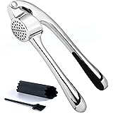 Premium Garlic Press, Garlic Mincer Set of 3 with Silicone Roller Peeler & Cleaning Brush - Gloss Silver