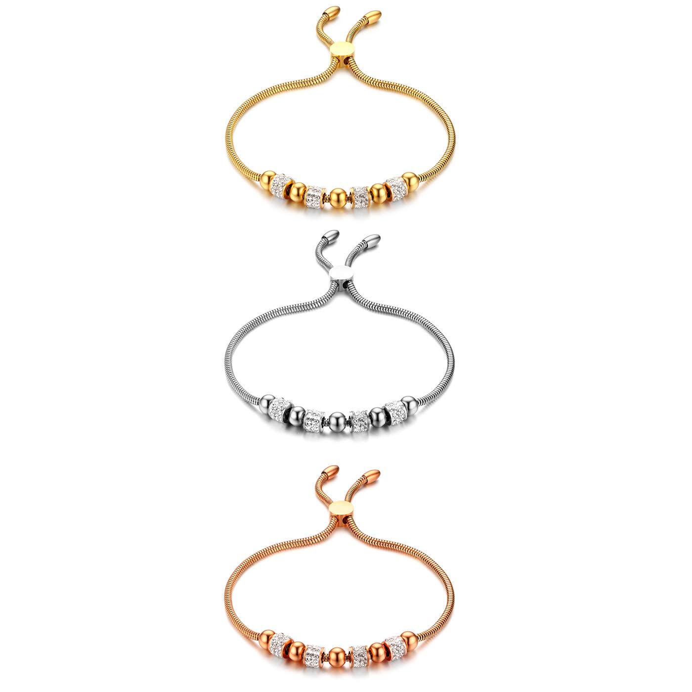 Cupimatch 3 Pcs Adjustable CZ Beads Charm Bracelet, Stainless Steel Wrist Link Chain Jewelry for Women Girls 9"