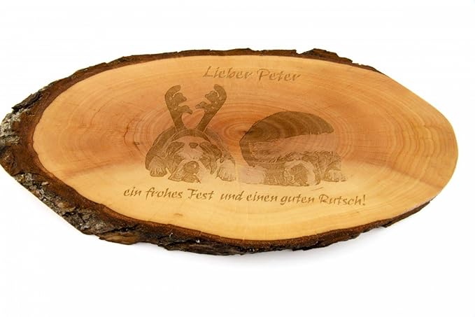 Brotzeitbrett oder Wandschmuck: Rindenscheibe roh, 27-31 cm mit Gravur Ihres Fotos und Wunschtext