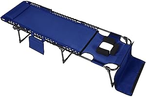 Yardenaler Outdoor Foldable Chaise Lounge Chair with Face Hole, Portable Tanning Chair with 5 Position Adjustable Back, Detachable Pillow & Pocket for Patio, Beach and Pool, Blue