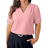Eytino Plus Size Tops for Women Dressy Casual Pleated V Neck Short Sleeve Business Work Office Blouses Shirts(1X-5X)