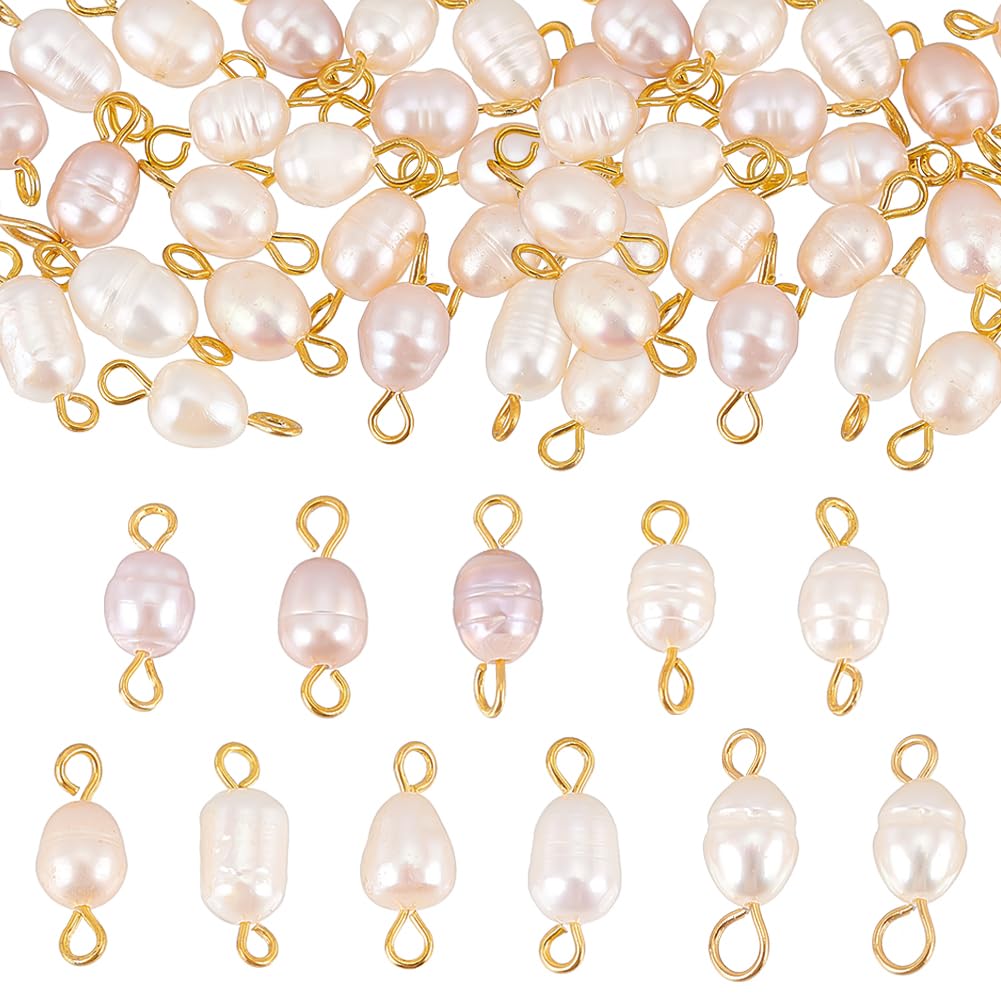 NBEADS 30 Pcs Natural Freshwater Pearl Links, Pearl Links Charm Rice Shape Pearl Beads Connectors with Golden 304 Stainless Steel Double Loops for Bracelet Earrings Jewelry Making