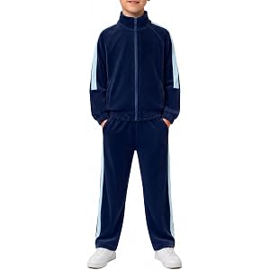 Haloumoning Boys 2 Piece Outfits Velour Zip Up Jacket Wide Leg Pants Set | Stand Collar, Elastic Waist with Drawstring, Funct