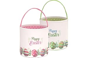 LessMo 2 Pcs Easter Bunny Basket Egg Buckets Gifts Tote Bags, Canvas Cotton Pink Green Cute Personalized Egg Hunt Basket Stuffers for Easter Party