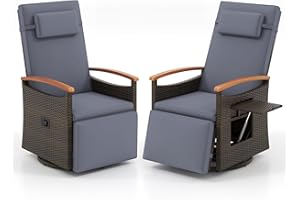 RELAX4LIFE Swivel Outdoor Recliner Chair - Wicker Rattan Chaise Lounge w/Adjustable Back & Footrest, Acacia Wood Armrests, Fl