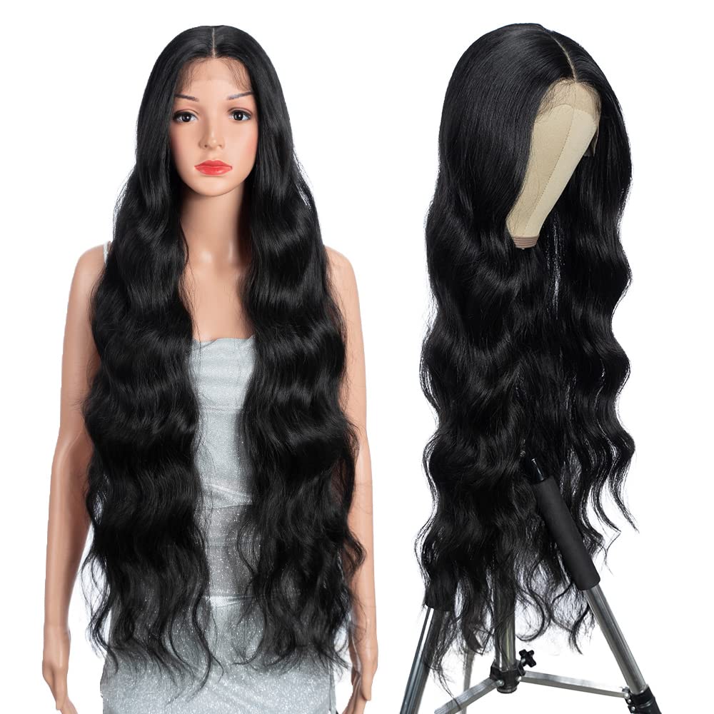 Style Icon Long Black Wave Wig Synthetic Lace Front Wig for Women 36" Super Long Body Wave Wig with Baby Hair 13x5x1 Middle Part Lace Heat Resistant Fiber 150% Density (Color:1B)