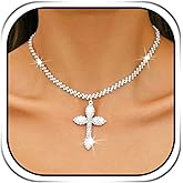 EARENT Rhinestone Cross Necklace Dainty Silver Crystal Necklace Chain Sparkly Easter Prom Neck Jewelry for Women