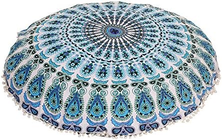 Anokhiart 32" Mandala Floor Pillow Cover White Blue Cushion Cover Pouf Cover Throw Meditation Seating Hippie Decorative Bohemian
