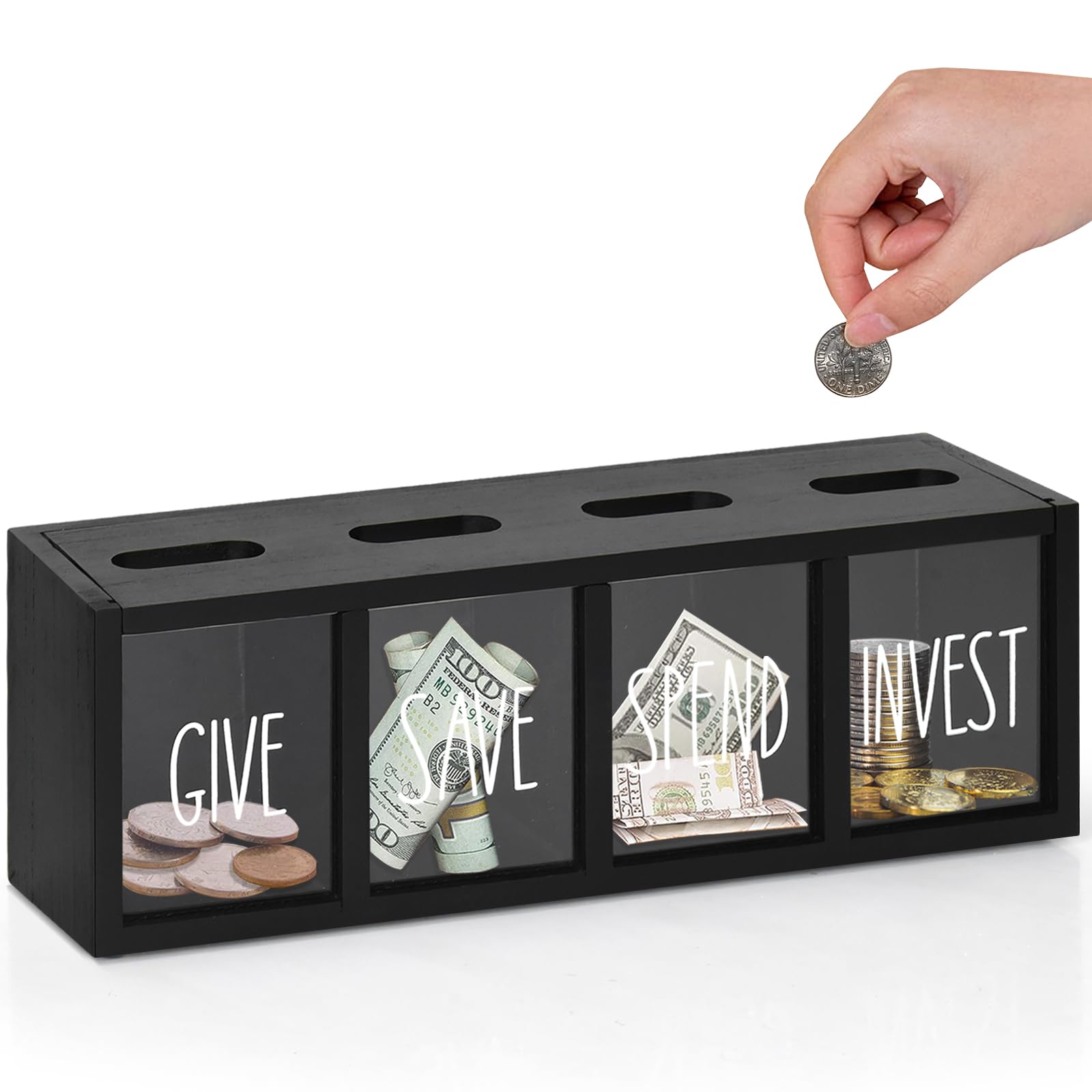 Photo 1 of ***(MAJOR DAMAGE/ SEE NOTES FOR DETAILS)***Wooden Give Save Spend Invest Money Saving Box for Kids, Countertop Kid Piggy Bank for Daily Cash, Wall-Mount Kids Banks for Bills and Coins, Visualized Piggy Bank for Living Room, Laundry Room