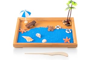 HAPYWAER Zen Garden for Desk Blue Beach 11" x 7.5" Desktop Mini Zen Garden with Blue Sand Artificial Bonsai Tree Rocks Rakes & Accessories Meditation Zen Gifts Sand Tray Play Kit（Square Plate Turtle）
