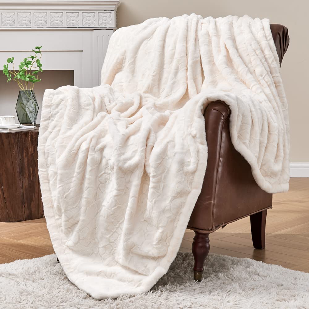 Photo 1 of Krifey Faux Fur Throw Blanket, Super Soft Cozy Blanket, Luxury Fluffy Blanket Warm Bed Throw, Plush for Women, Ivory 50" x 60"