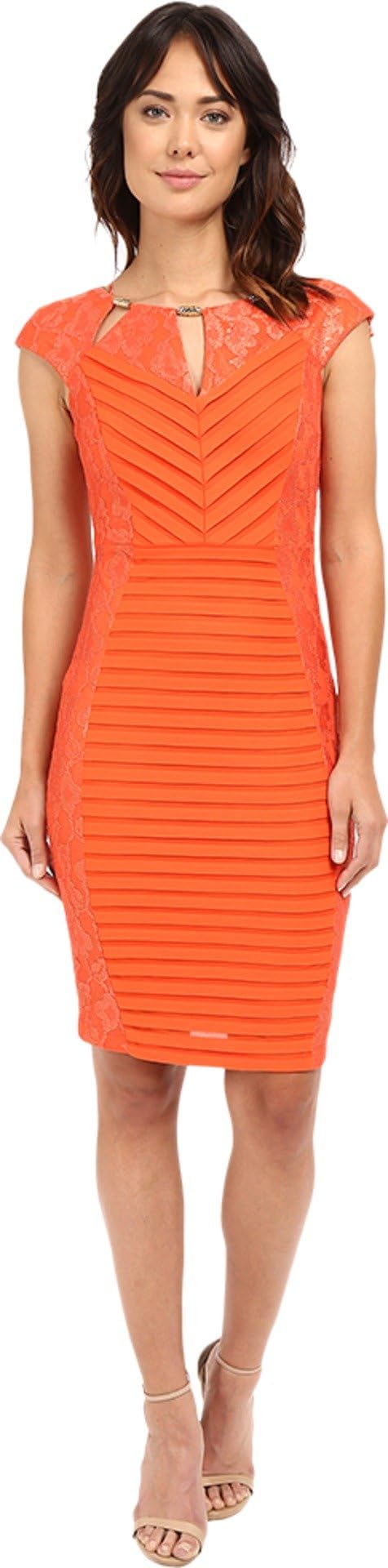 Sangria Women's Cap-Sleeve Lace and Shutter Sheath Dress