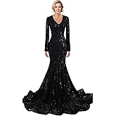 Zvxira Mermaid Elegant Sequin Evening Gown Dress Carnival Formal V Neck Long Sleeve Court Train Lace Masquerade Dress 2025