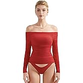 SUUKSESS Women Double Line Mesh Padded Tops Off The Shoulder Long Sleeve Shirts