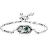 BETHZA Natural Moss Agate Bracelet 925 Sterling Silver Hexagon Cut Real Gemstone Moss Agate Adjustable Link Bracelet Jewelry Gifts for Women
