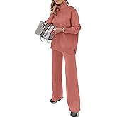 ANRABESS Womens 2 Piece Outfits Turtleneck Matching Lounge Set Sweater Top Wide Leg Pants Fall Cozy Knit Sweatsuit Loungewear