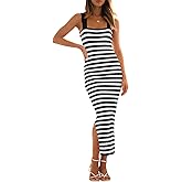 LEANI Women's 2025 Summer Bodycon Midi Dress Striped Square Neck Sundress Side Slit Knit Beach Vacation Dresses
