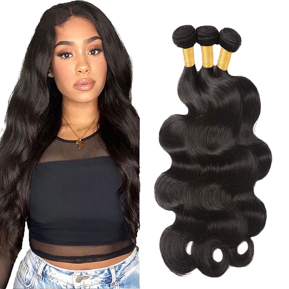 Photo 1 of #1B Human Hair Bundles Body Wave Bundles 30 30 30 Inch Unprocessed Brazilian Virgin Hair Weave 3 Bundle 50 Grams Per Bundle Body Wave Human Hair Extensions Natural Color