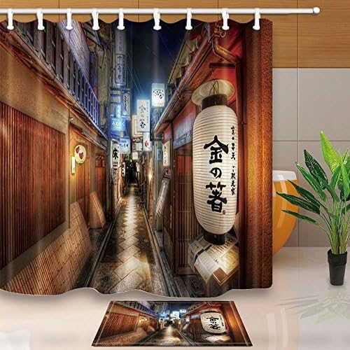 GoEoo Japanese style Decor Hanami Koji for Tea 69X70in Mildew Resistant Polyester Fabric Shower Curtain Suit With 15.7x23.6in Flannel Non-Slip Floor Doormat Bath Rugs
