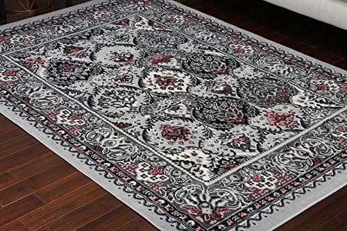 Generations Collection 100% Olefin Grey Silver White Red Oriental Traditional Panal Persian Area Rugs Rug 8054silver 9' x 12'5