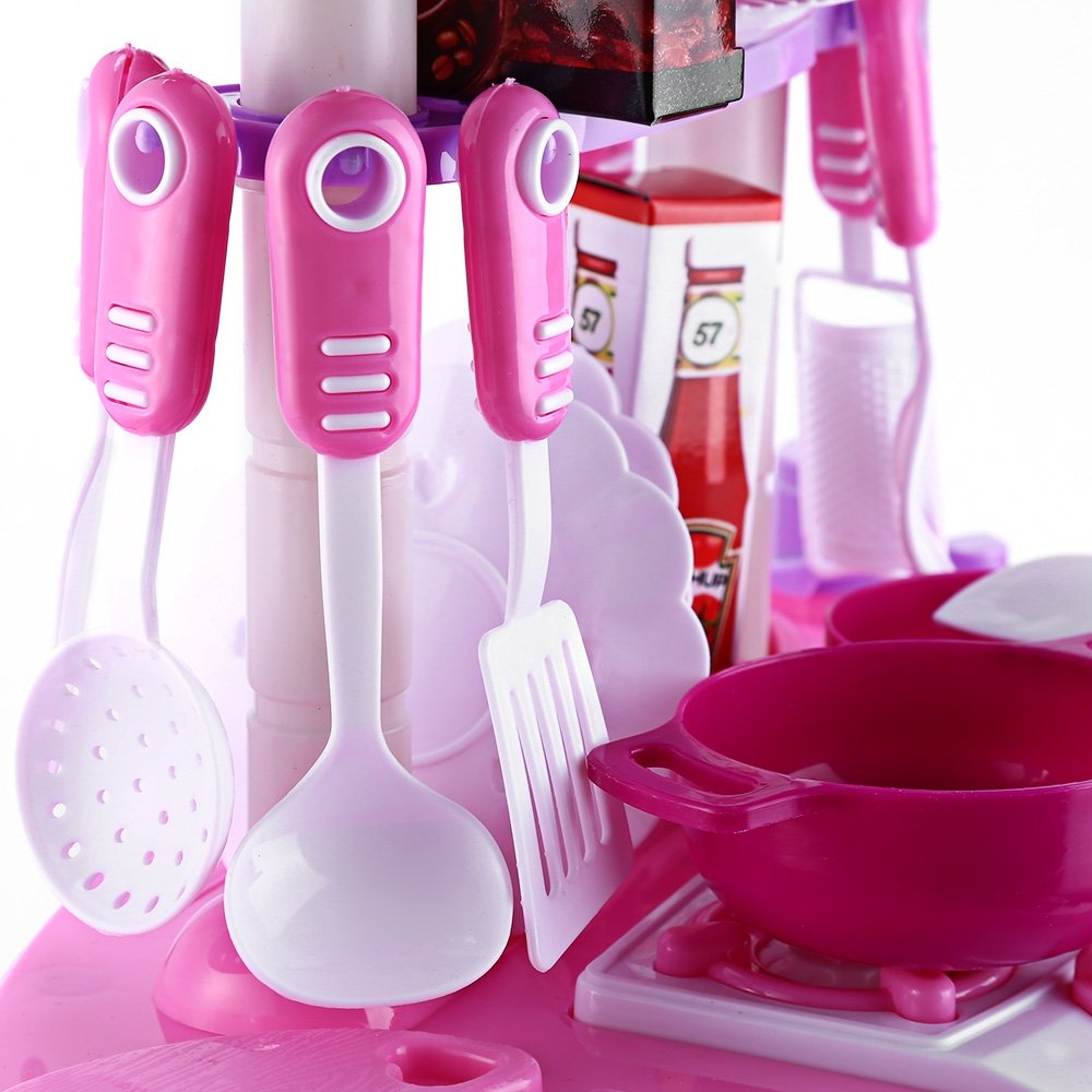 Robolife Kids Kitchen Cookware Pretend Play Toy Set With Music Light For Kids 3 Pink