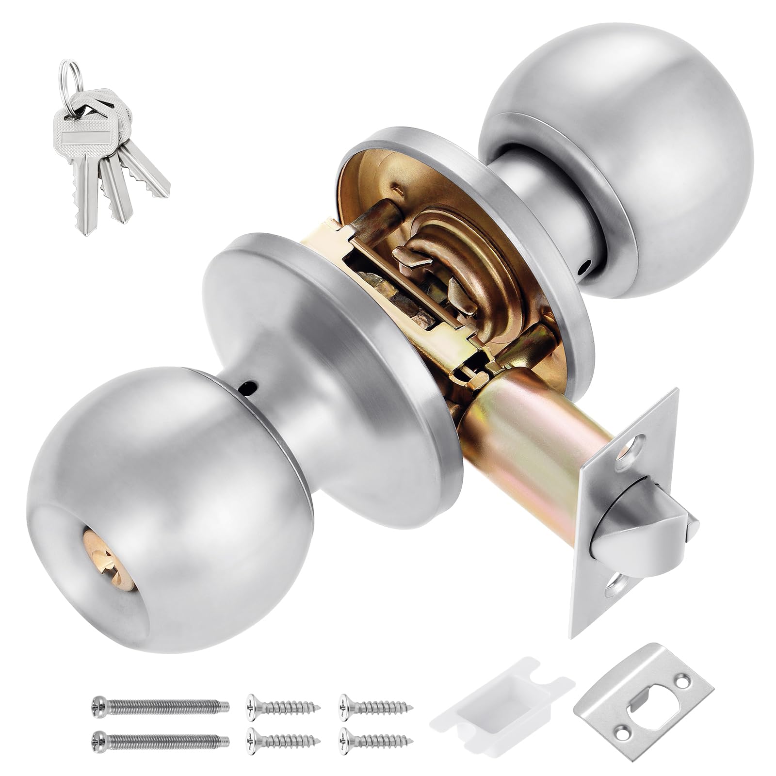 Faankiton Door Knob with Lock and Key, Locking Door Handle with Lock, Front Door Lockset, External Lock Set, Door Lock, External Internal Door Knob, 1 Pack (External Door Lock, Silver)